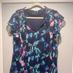 Forever 21 Navy Floral Tie-Neck Ruffle Blouse